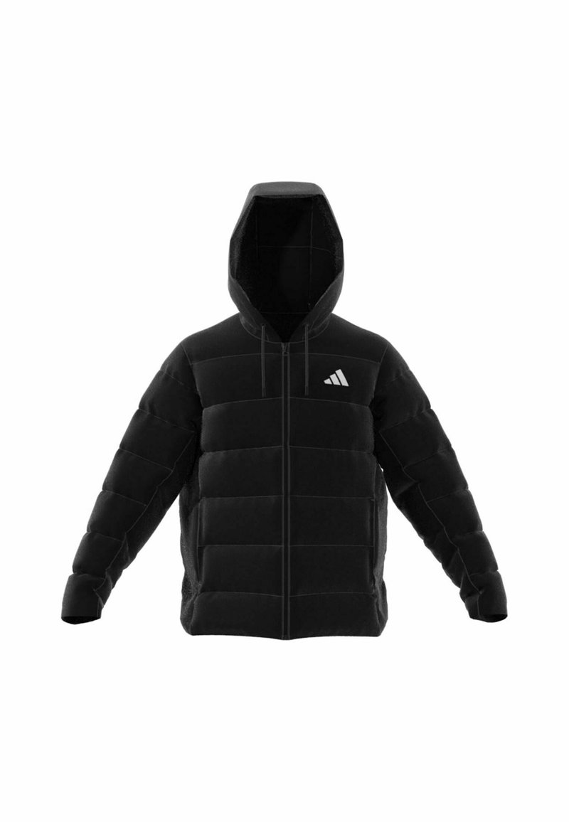 Crna puffa jakna s kapuljačom, koja ima rajsferšlus sprijeda, horizontalni kvadratićasti dizajn i suptilan logo na gornjoj lijevoj strani prsnog dijela.