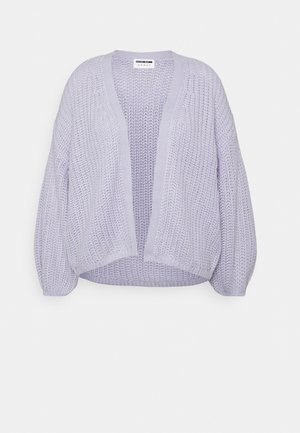 Lavender chunky knit open-front cardigan with dropped shoulders and ribbed trim on cuffs, hem, and neckline.