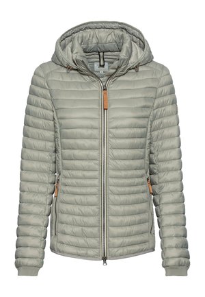 Hellgraue gesteppte Jacke mit Kapuze, Reißverschluss vorne, seitlichen Reißverschlusstaschen und gerippten Bündchen, auf einem schlichten Hintergrund dargestellt.