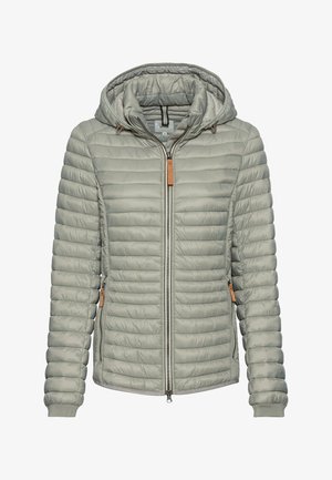 Hellgraue gesteppte Jacke mit Kapuze, Reißverschluss vorne, seitlichen Reißverschlusstaschen und gerippten Bündchen, auf einem schlichten Hintergrund dargestellt.