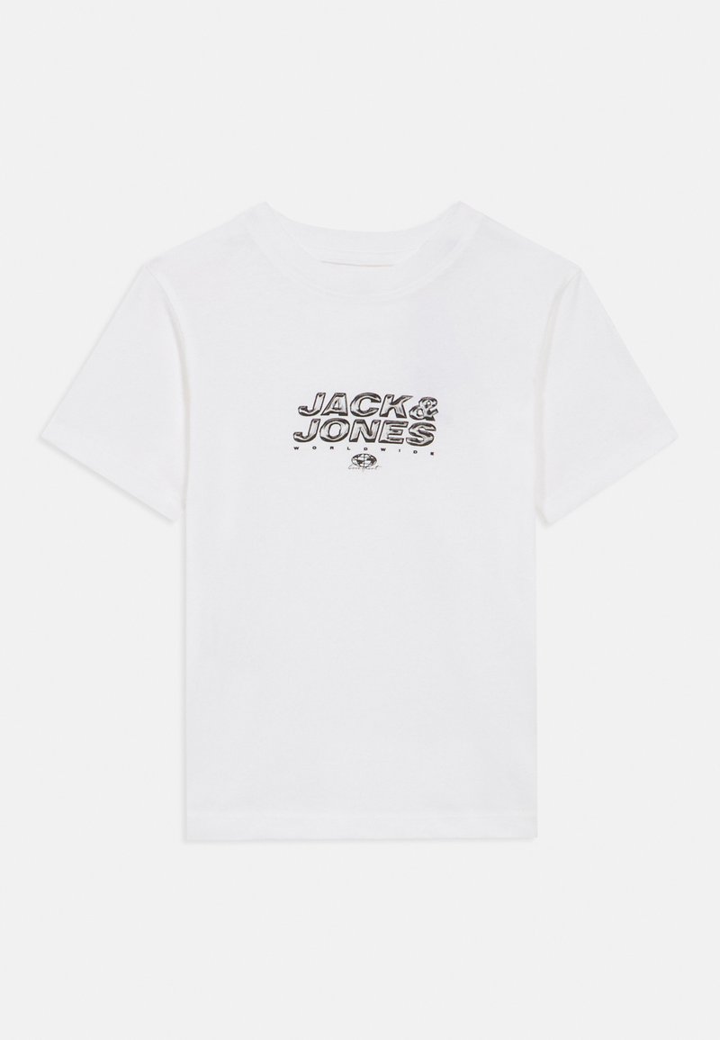 Λευκό T-shirt με κοντά μανίκια και το κείμενο «JACK & JONES WORLDWIDE» μαζί με ένα μικρό γραφικό ενός κόσμου εκτυπωμένα μαύρα στο μπροστινό μέρος.