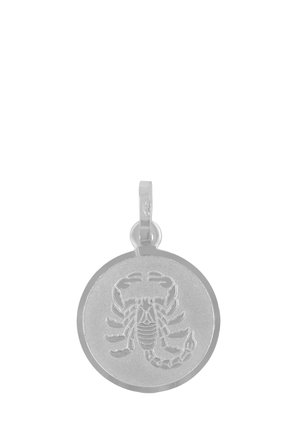 Runder Silberanhänger mit graviertem, detailliertem Skorpion-Design und einer kleinen Öse zum Befestigen an einer Halskette oder einem Armband.
