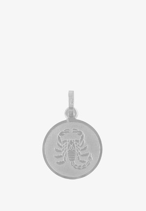 Runder Silberanhänger mit graviertem, detailliertem Skorpion-Design und einer kleinen Öse zum Befestigen an einer Halskette oder einem Armband.