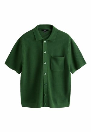 Green short-sleeve knit cardigan with textured pattern, front buttons, a collar, and a chest pocket, size medium.