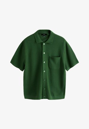 Green short-sleeve knit cardigan with textured pattern, front buttons, a collar, and a chest pocket, size medium.