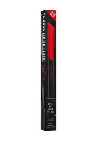 Schwarze Flüssigeyeliner-Verpackung mit einem rot-schwarzen Farbschema. Verfügt über eine ultrafeine Spitze und fettgedruckten Text, der "24-Stunden-Tragekomfort" anzeigt.