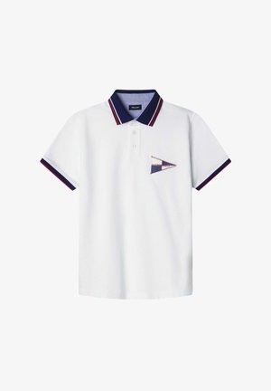 White polo shirt with navy collar and cuffs, featuring red and navy stripes. Includes decorative triangle badge on the chest. Cotton material.