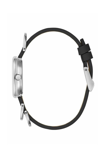 Silberner Metall-Uhrgehäuse in runder Form, ausgestattet mit einem schwarzen Gummiband. Inklusive silberner Schnalle und einer glatten Textur.