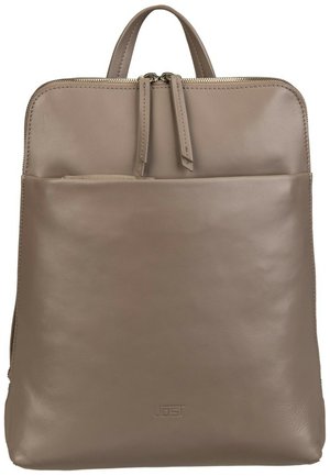 Taupe leather backpack with dual zipper closure, top handle, front pocket, and subtle embossed brand logo at the bottom center.