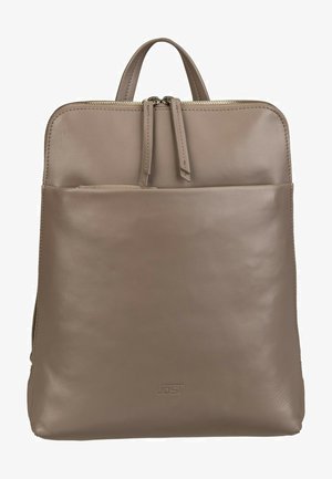 Taupe leather backpack with dual zipper closure, top handle, front pocket, and subtle embossed brand logo at the bottom center.