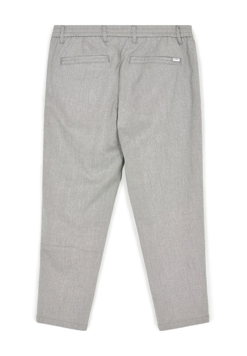 Graue Hose aus strukturiertem Stoff mit geradem Schnitt. Verfügt über zwei Gesäßtaschen und Gürtelschlaufen. Glatte Taillenverarbeitung.