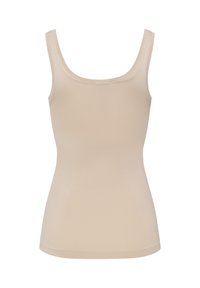 Beige tílko s kulatým výstřihem a širokými ramínky. Vyrobeno z hladké, pružné látky s těsným střihem a bezšvovou konstrukcí.