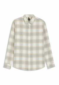 Camicia a maniche lunghe in plaid nei colori crema, azzurro chiaro e beige. Presenta un colletto con bottoni e una chiusura con bottoni sul davanti. Tessuto morbido e strutturato.