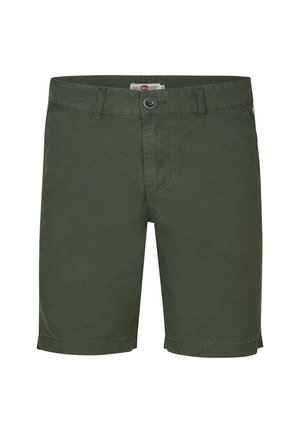 Groene katoenen shorts met een gladde textuur, sluiting met voorknoop en opgerolde mouwen. Bevat vijf zakken en heeft een relaxte pasvorm.