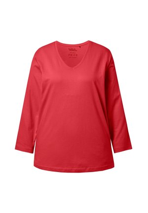 Rode langesleeve V-hals T-shirt, gemaakt van zacht katoen, met een relaxte pasvorm en een rechte onderzoom. Geen patronen of decoratieve accenten.