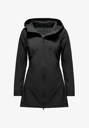 Giacca nera impermeabile realizzata in tessuto liscio, con zip frontale, design aderente e cappuccio con una leggera lucentezza.