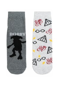 Two socks, one grey with "DOBBY" text and a black silhouette, the other light grey with Harry Potter symbols and glasses pattern.