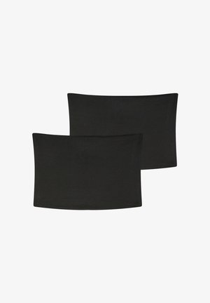 Dwa prostokątne czarne poduszki, gładka tekstura, zaokrąglone krawędzie i brak widocznych wzorów czy elementów. Odpowiednie do różnych zastosowań.