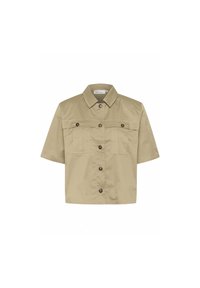 Khaki košile s krátkým rukávem vyrobená z bavlněné směsi, s knoflíkovým zapínáním, dvěma náprsními kapsami a klasickým límcem s hladkou strukturou.