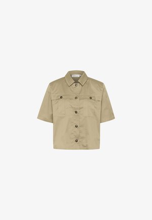 Short-sleeve khaki shirt made of cotton blend, featuring a button front, two chest pockets, and a classic collar with a smooth texture.