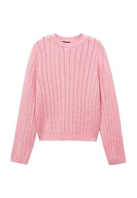 Pull rose clair en tricot à manches longues avec motif ajouré vertical et col rond, poignets et ourlet côtelés.