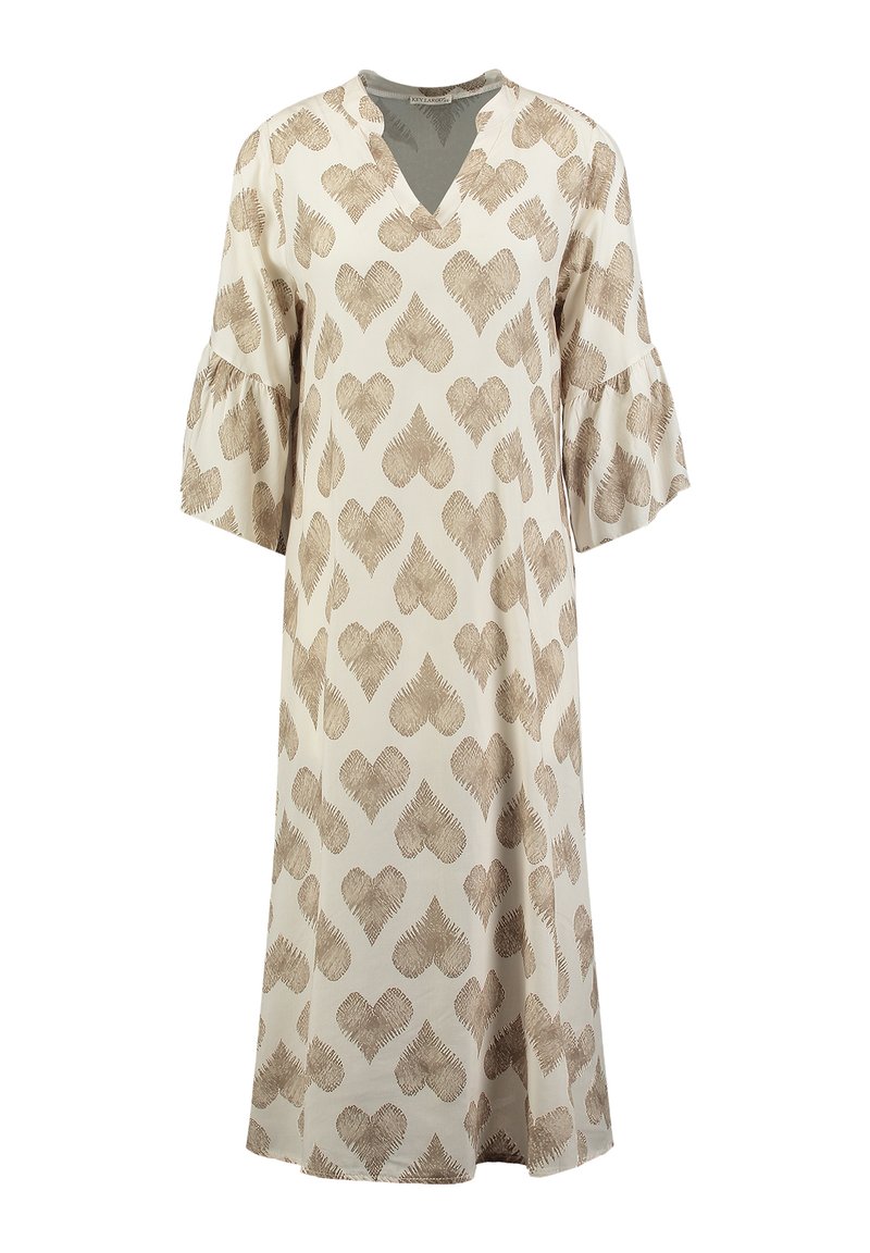 Helles beiges Kleid mit V-Ausschnitt, ausladenden Ärmeln und einem Blättermuster in Braun. Aus weichem Stoff gefertigt, knielang mit fließender Silhouette.