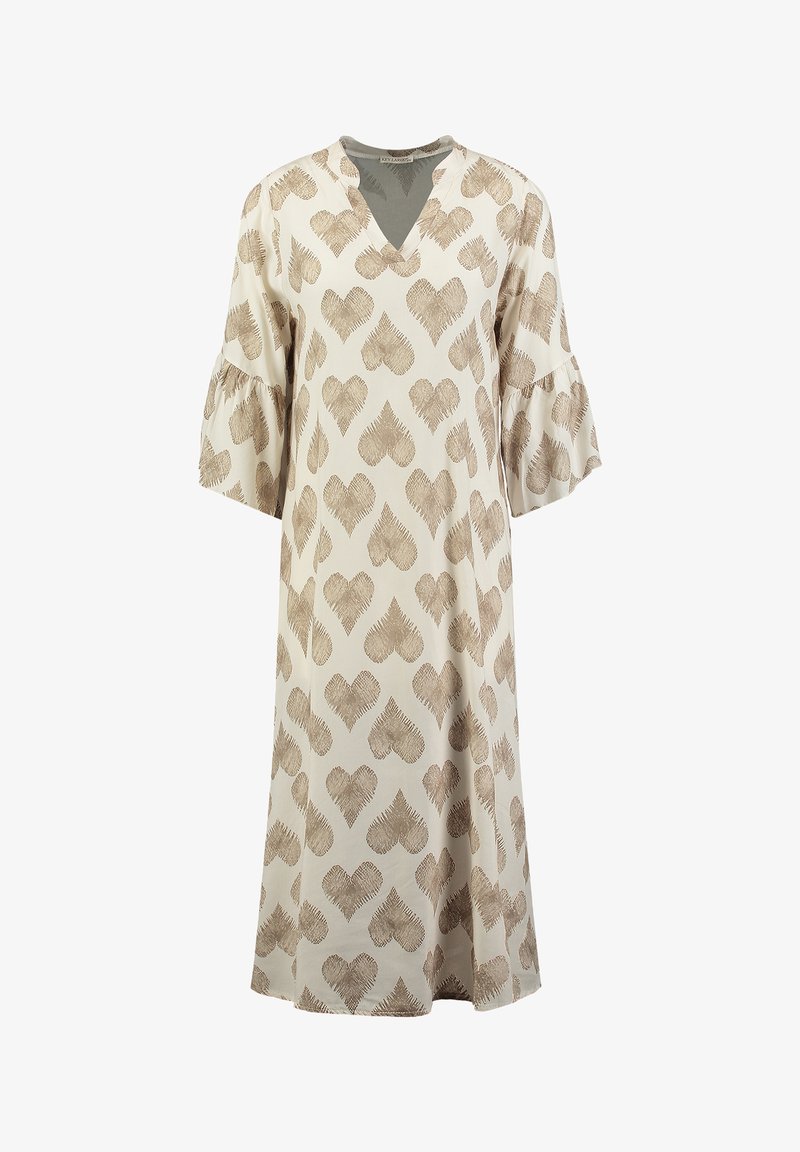 Helles beiges Kleid mit V-Ausschnitt, ausladenden Ärmeln und einem Blättermuster in Braun. Aus weichem Stoff gefertigt, knielang mit fließender Silhouette.