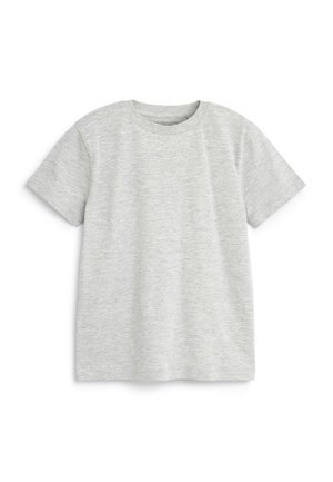 T-shirt gris à manches courtes avec un col rond, fabriqué en tissu doux en mélange de coton, présentant une texture lisse et un design minimaliste.