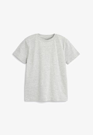 Siva majica s kratkim rukavima i okruglim izrezom, izrađena od mekanog pamučnog materijala, s glatkom teksturom i minimalističkim dizajnom.