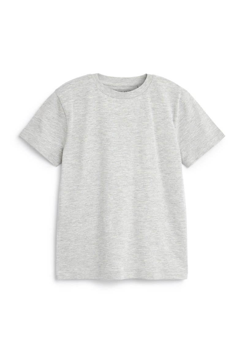 T-shirt gris à manches courtes avec un col rond, fabriqué en tissu doux en mélange de coton, présentant une texture lisse et un design minimaliste.