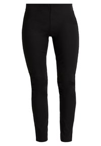 Czarne dopasowane spodnie o gładkiej fakturze, z wysokim stanem i zwężanymi nogawkami. Brak widocznych wzorów lub elementów metalowych.