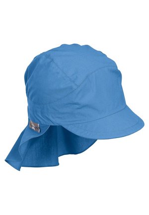 Blue sun hat made of lightweight fabric, featuring a rounded crown, wide brim, and a neck flap. Includes a label on the side.