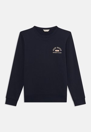 Mörkblå sweatshirt med lång ärm, ribbad rund halsringning och broderad "New Haven Sports Club"-logotyp i beige på bröstet.