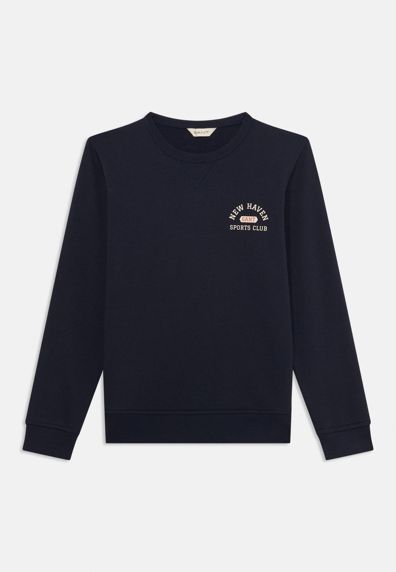 Felpa blu navy con maniche lunghe, collo a girocollo a coste e logo ricamato "New Haven Sports Club" in beige sul petto.