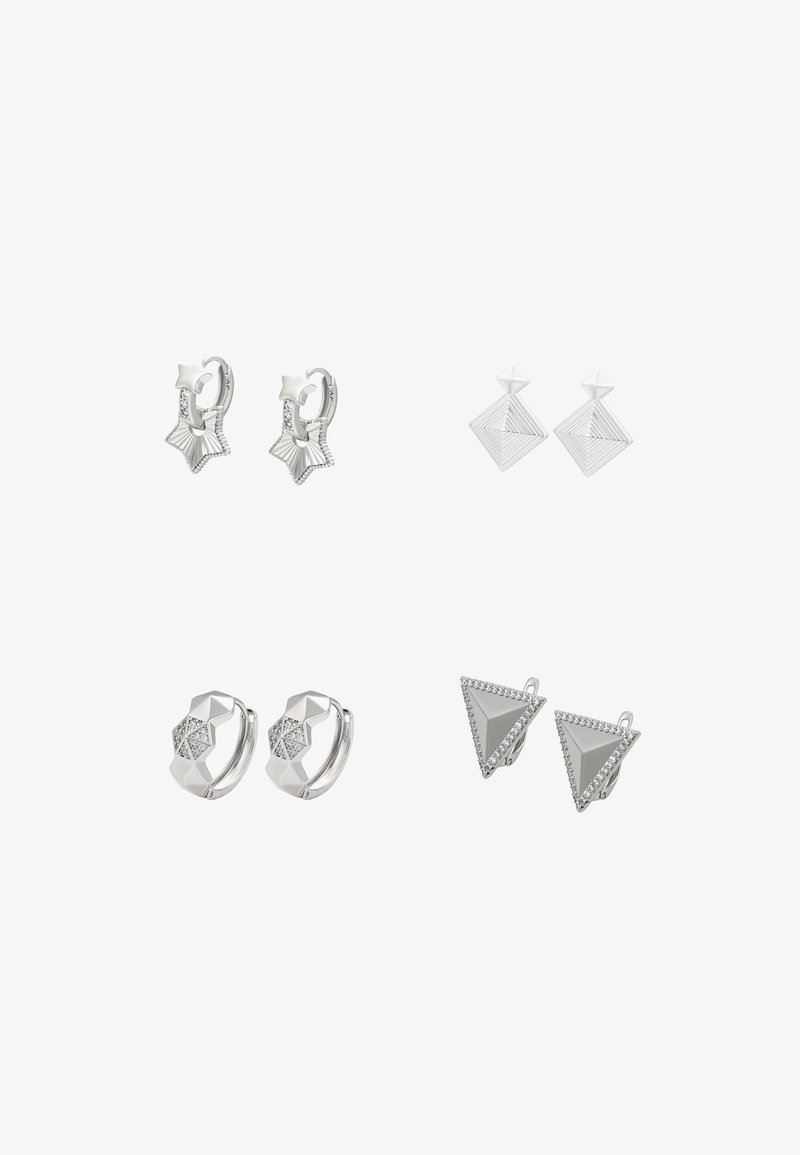 Négy pár ezüst fülbevaló: csillag alakú karikák, geometrikus gyémánt formájú bedugósok, díszített karika fülbevalók és háromszög alakú, kövekkel díszített lógó fülbevalók.