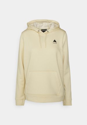 Light beige hoodie made of soft fabric, featuring a kangaroo pocket, drawstring hood, and a black mountain logo on the chest.
