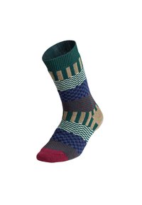 Calcetín multicolor con rayas y patrones en verde, azul marino, burdeos y beige. Puño acanalado con texturas variadas y punta sólida en burdeos.