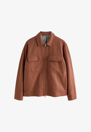 Brown zip-up jacket with two chest flap pockets and side pockets, long sleeves, and a pointed collar.