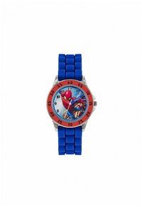 Orologio in silicone blu con una lunetta rossa rotonda, dotato di un design di Spider-Man su un quadrante azzurro chiaro, indicatori delle ore neri e dettagli argentati.
