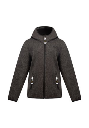 Dunkelgraue Fleecejacke mit Kapuze, durchgehendem Frontreißverschluss und zwei Reißverschlusstaschen, dekorative weiße und schwarze Kordeln an den Reißverschlüssen.