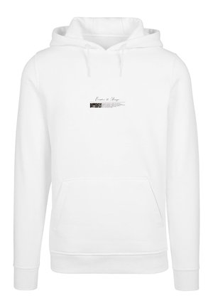 Bela bombažna kapuca z sprednjim žepom, kapuco z vrvico in natisnjenim besedilom. Ima preprost dizajn in rebraste manšete.