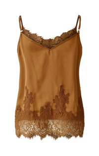 Bruine satijnen camisole met kanten rand bij de halslijn en zoom, voorzien van verstelbare spaghettibandjes en bloemenkantdetails.