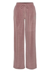 Pantaloni lounge a gamba larga in morbido rosa polveroso, con vita elastica e cordoncino, caratterizzati da un piccolo logo in strass sul lato.
