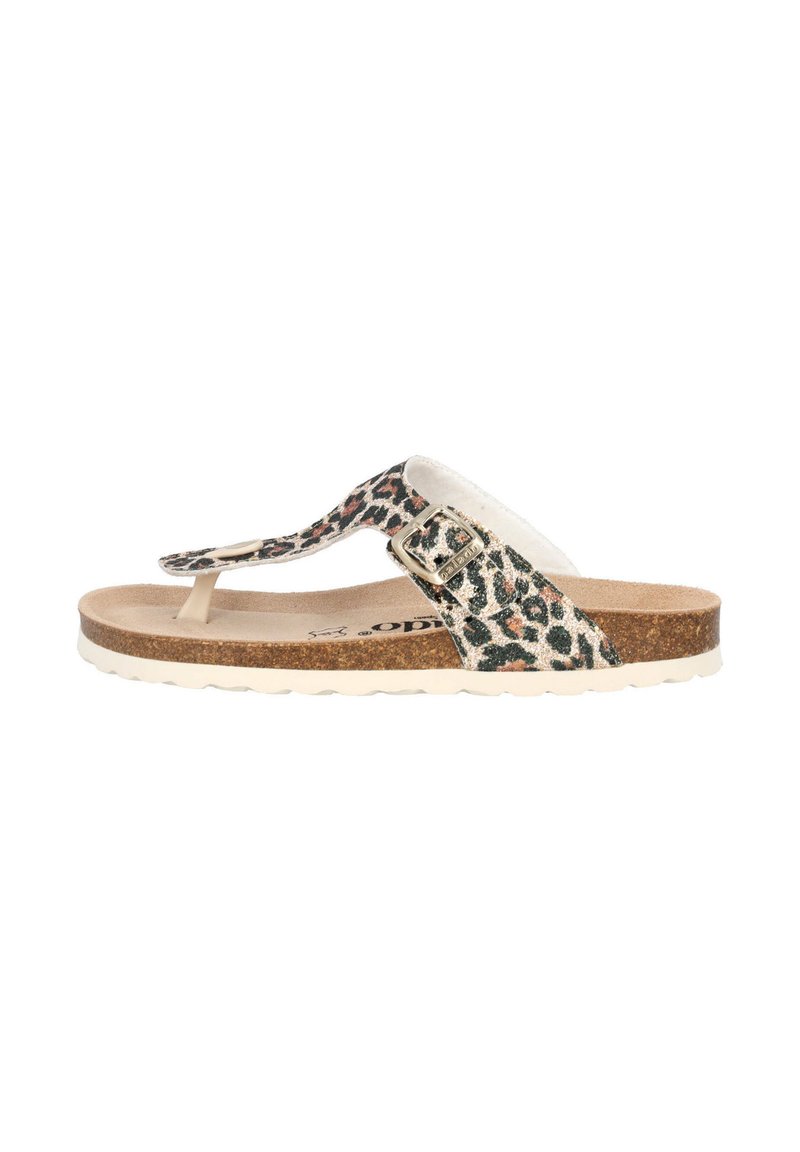Infradito con stampa leopardata, con una soletta in sughero, un cinturino bianco testurizzato e una fibbia decorativa in argento. Suola in gomma con un motivo testurizzato.