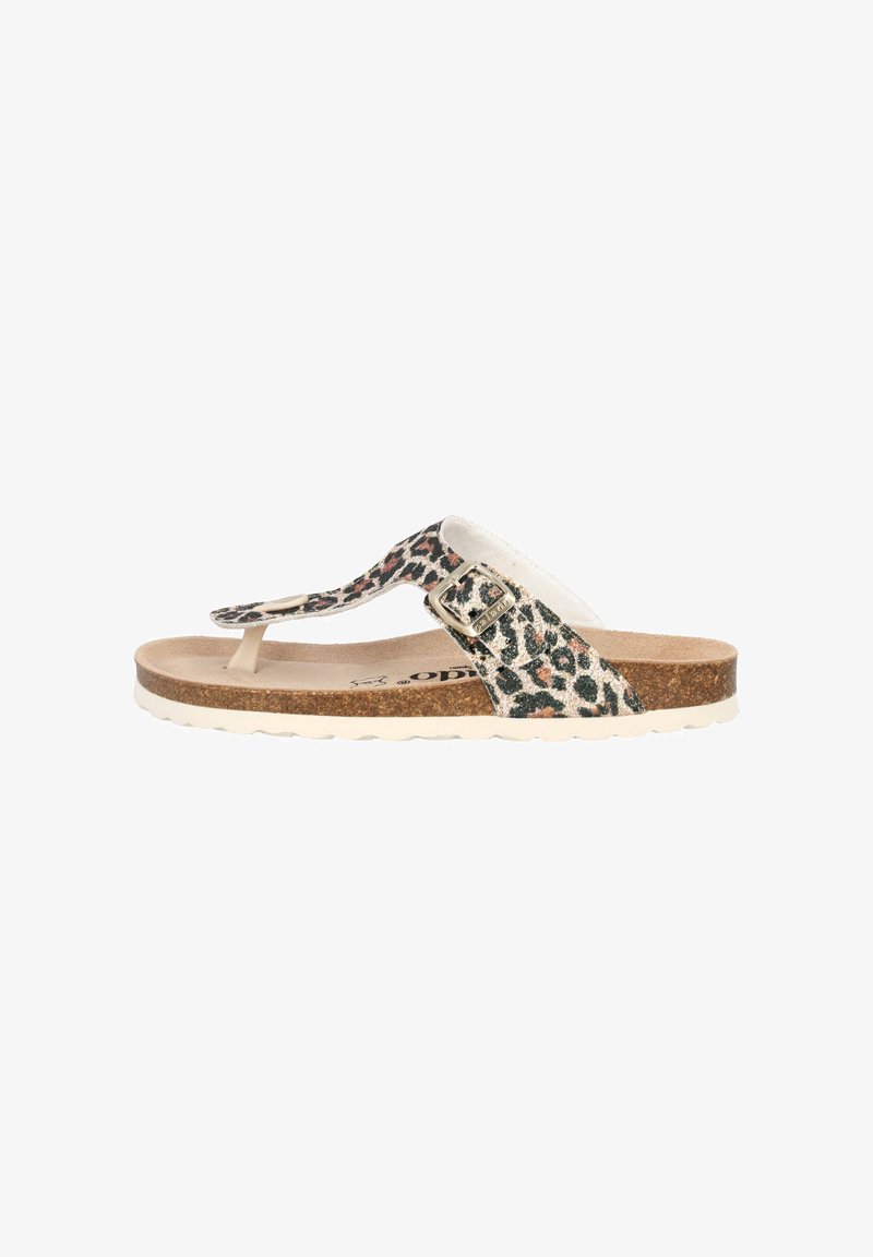 Leopardmönstrade flip-flop sandaler med en korkfotbädd, en strukturerad vit rem och en dekorativ silver spänne. Gummisula med strukturerat mönster.