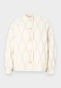 Quilted jacket in off-white with a textured beige diamond pattern. Features a round collar and five button front closure.