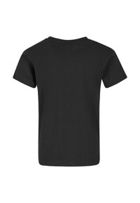 Melnas īsām piedurknēm mazuļa T-kreklu redz no mugurpuses ar apļveida kakla izgriezumu uz baltas fona.