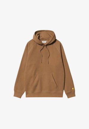 Brązowa bluza z kapturem Carhartt z przednią kieszenią typu kangur, kapturem ze sznurkiem, ściągaczami na rękawach oraz małym logo na mankiecie lewego rękawa.