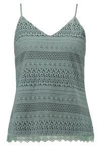 Mintgrün gehäkeltes Tanktop mit verstellbaren Spaghetti-Trägern, das ein gemustertes Design und einen gewellten Saum aufweist.
