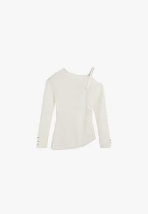 Asymmetrisch wit geribd topje met lange mouwen en een strikdetail aan de zijkant; heeft drie knoopaccenten op de linker mouw.